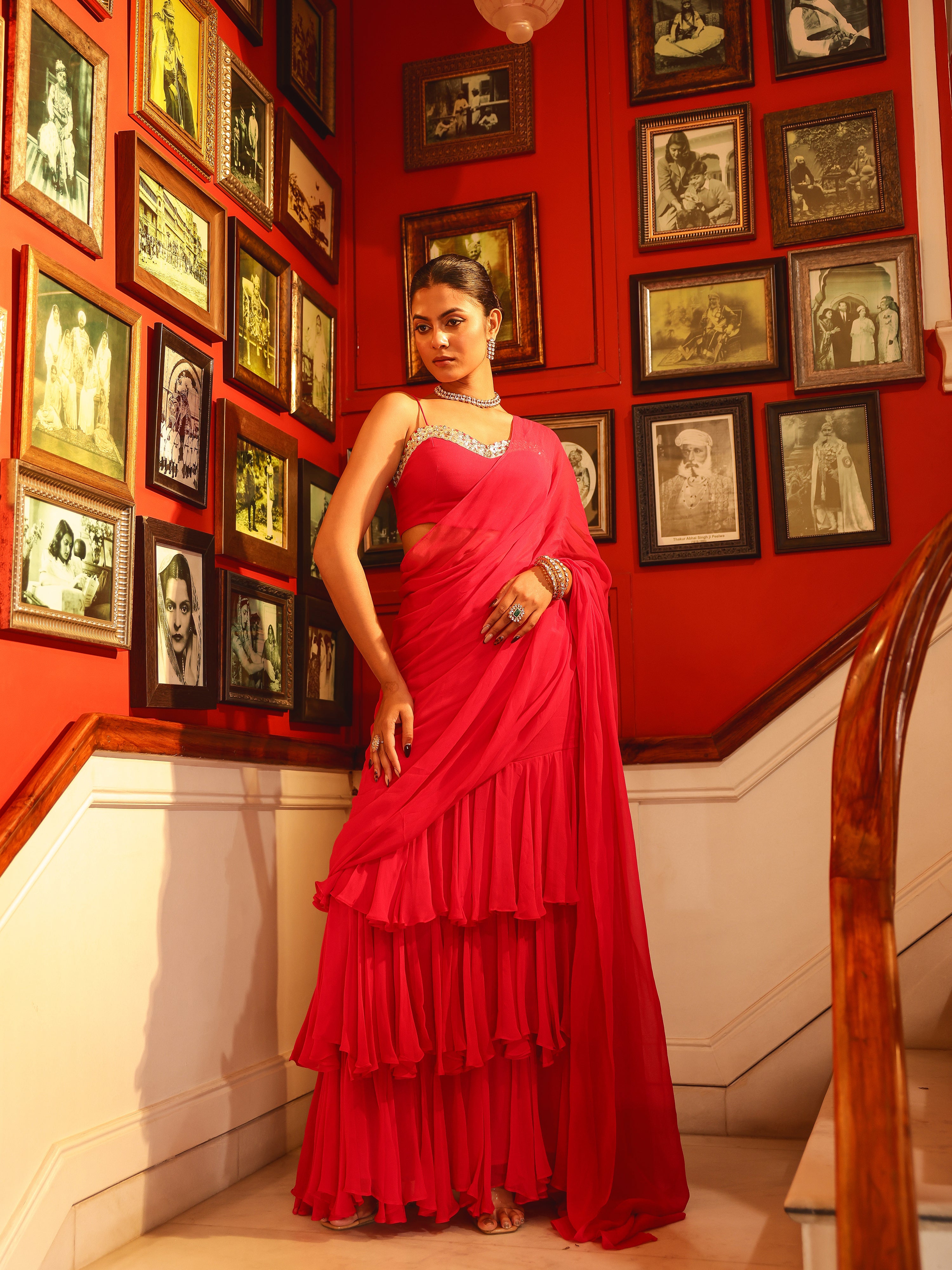 Anika Solid Georgette Pre Drape Saree